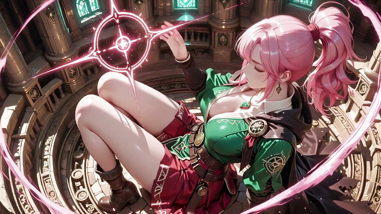 Deep squat teasing under the giant magic array, green battle gear stretched tight.