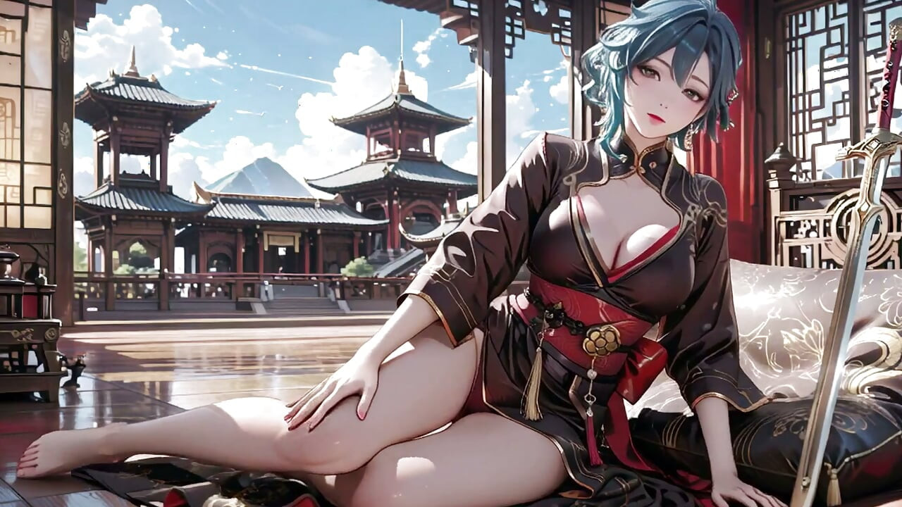 ¡Espadachina de Cabello Azul! ¡De pie descalza sobre nubes flotantes con un kimono negro y rojo!