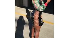 Hot ebony girl in latex short skirt and high heels