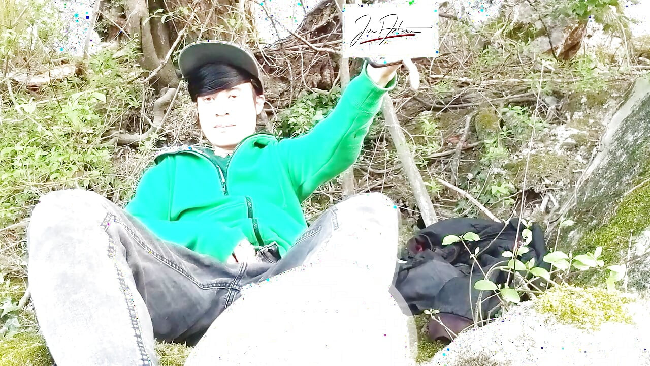 Risky masturbation outdoors a man's voice caught this cute gay twink with his balls hanging out, jerking off his uncut foreskin