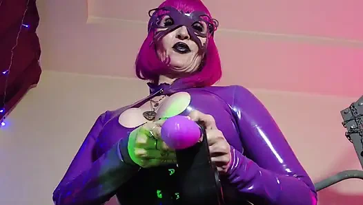Fetish Rubber Dominatrix Eva Latex Purple Dress Mask Big Ass MILF Toys BDSM Femdom Solo Hot