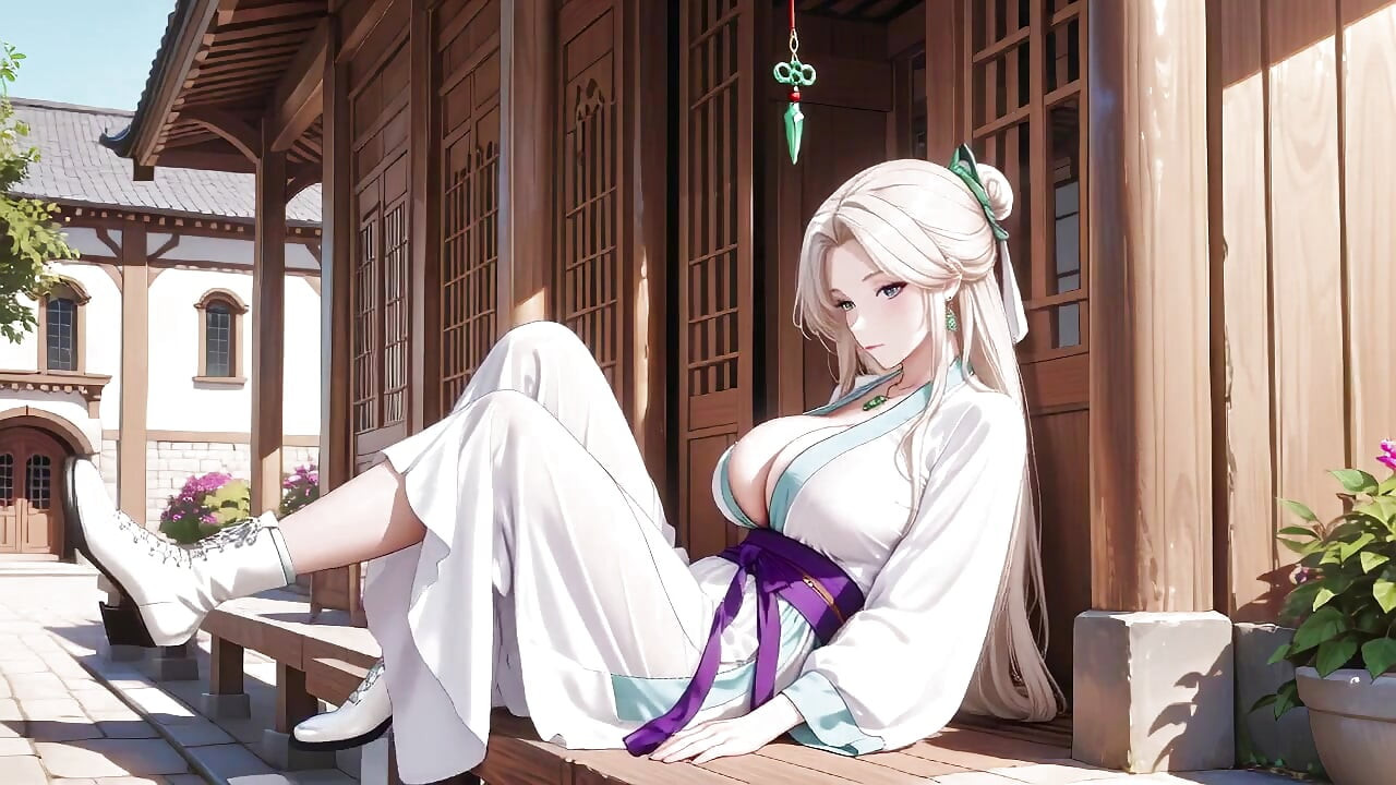 Fehér kimonó szobalány! A japán folyosón térdelve, hatalmas hasadék fedi fel nedves combjait a nap alatt.