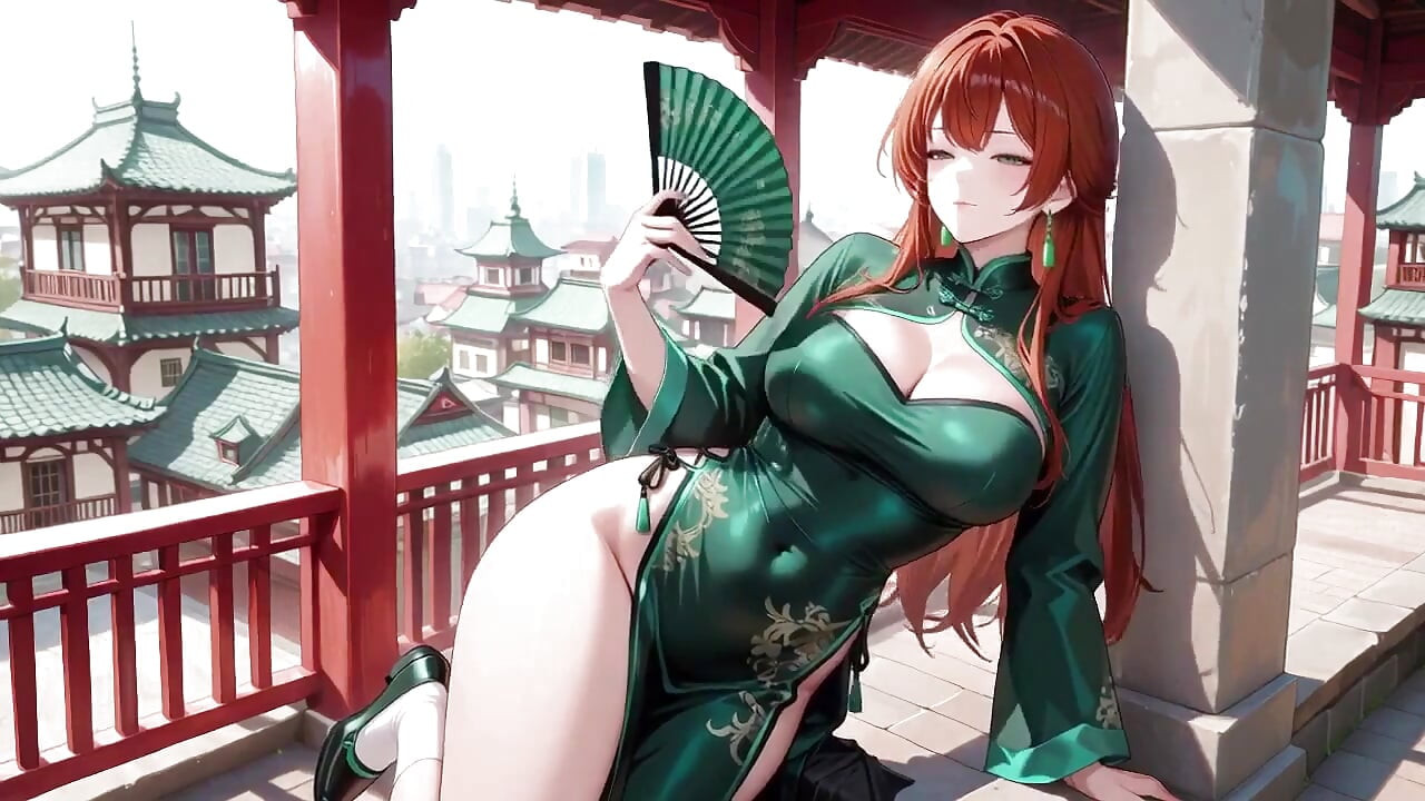 الشعر الأحمر والزمرد Qipao! إغراء كسول في الفناء الشرقي