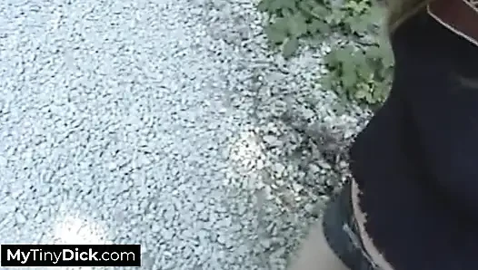 Small dick guy getting an outdoor blowjob from a horny blonde