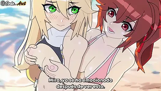 Kızlar plajda üçlü seks yapıyor ve büyük sikişiyor (Blazblue) (alt español)