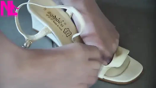 Nyllady Putting on Pantyhose and Footplay with Milk Colored Wedges