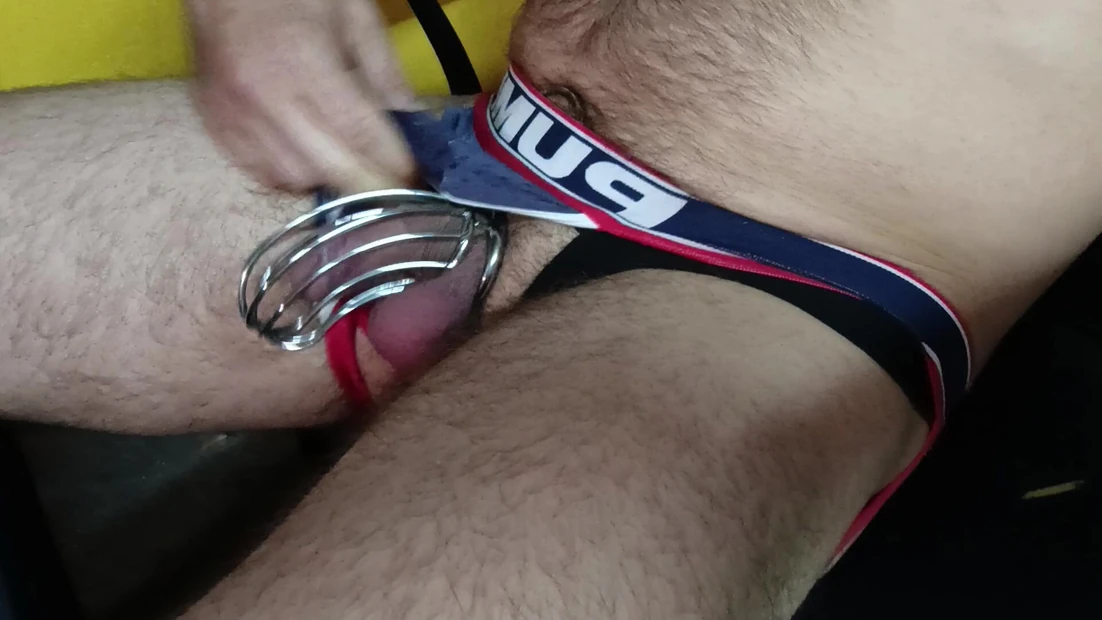 Playing with a cock in a cage