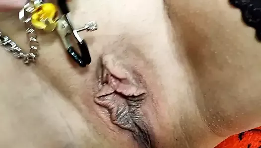 Clit and nipple clamps testing, close-up GILF creampie .!.