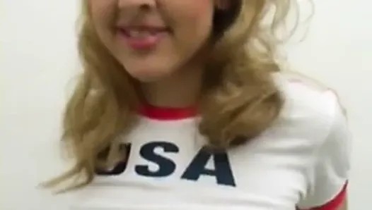 Busty blonde American soccer girl stripping