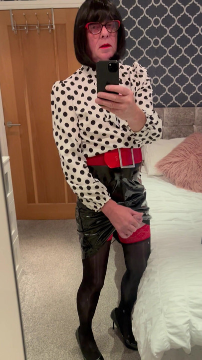 New pvc skirt stockings and heels