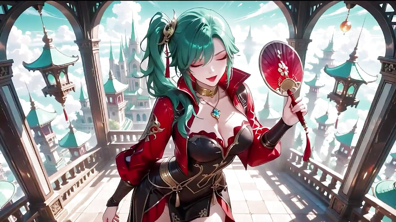 Green-haired warrior in a black-red battle robe, commanding yet shy on the floating terrace.