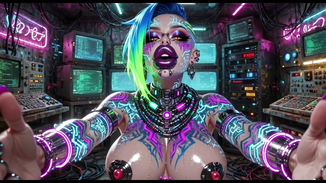 Wanita cyberpunk style lagi goyangin, animasi ai