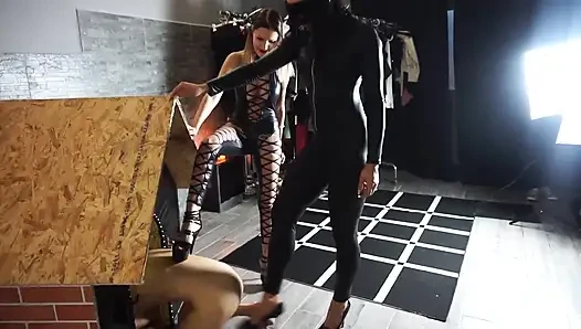 Two femdom girls use their slave as a pet
