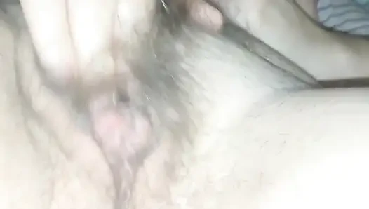 Stroking my hairy pussy in front of my husband