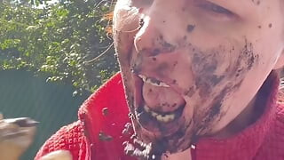 Licking Mud, Spit From Path, Walking with Dirt on Face and Tits