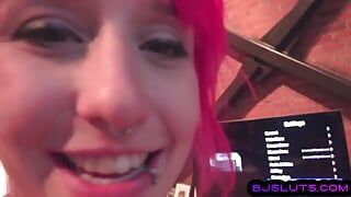 BJ POV babe with pink hair sucks cock in homemade closeup