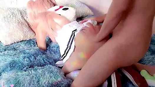 Cute Petite Girl in White Skirt & Backpack Gets Filled with Cum - Dripping Creampie