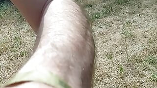 Naked boy walk in the wood