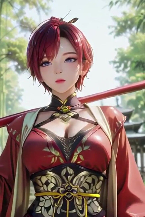 Purple-haired War Maiden in High-slit Kimono, Kneeling to Tease Your Eyes with a Fiery Gaze and a Wet, Forbidden Whisper.