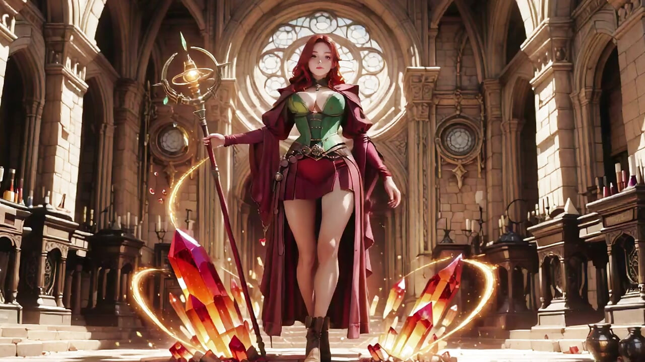 La Sorcière aux Cheveux Roux s'Éveille ! Agenouillée dans la Cathédrale Gothique, des halos dorés l'entourent tandis que sa jupe se soulève.