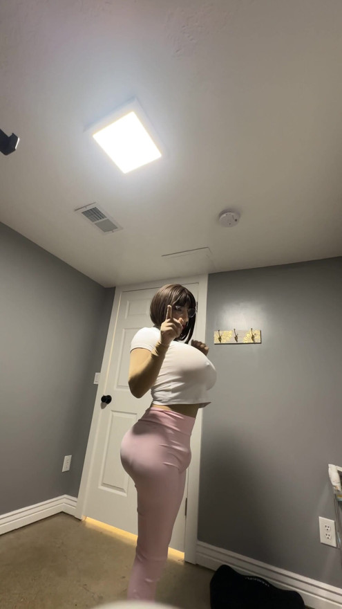 Hot trans CD exercising in tight pink leggings big ass teasing huge cock | Clip 1