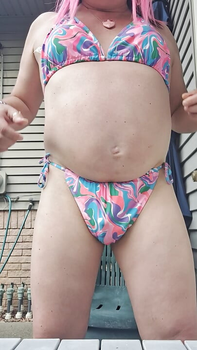 Feeling horny in my new bathing suit outside on the patio!