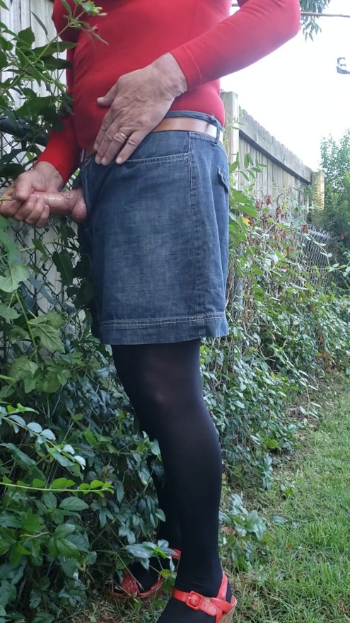 Cd outdoors in pantyhose, leotard. Urethral sound, masturbate and cum on miniskirt. | Clip 2
