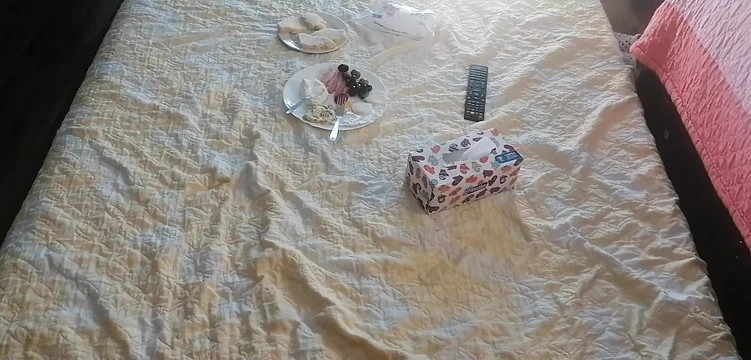 Sexy wife eating breakfast in the bedroom. Amateur wife does a workout at home naked.