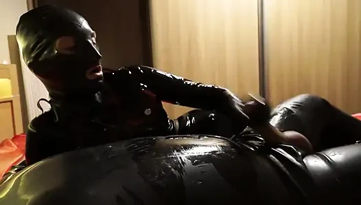 Latex Danielle makes him cum
