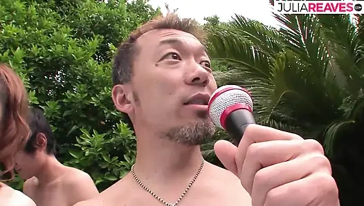 Asian group exparty in the pool and holiday home