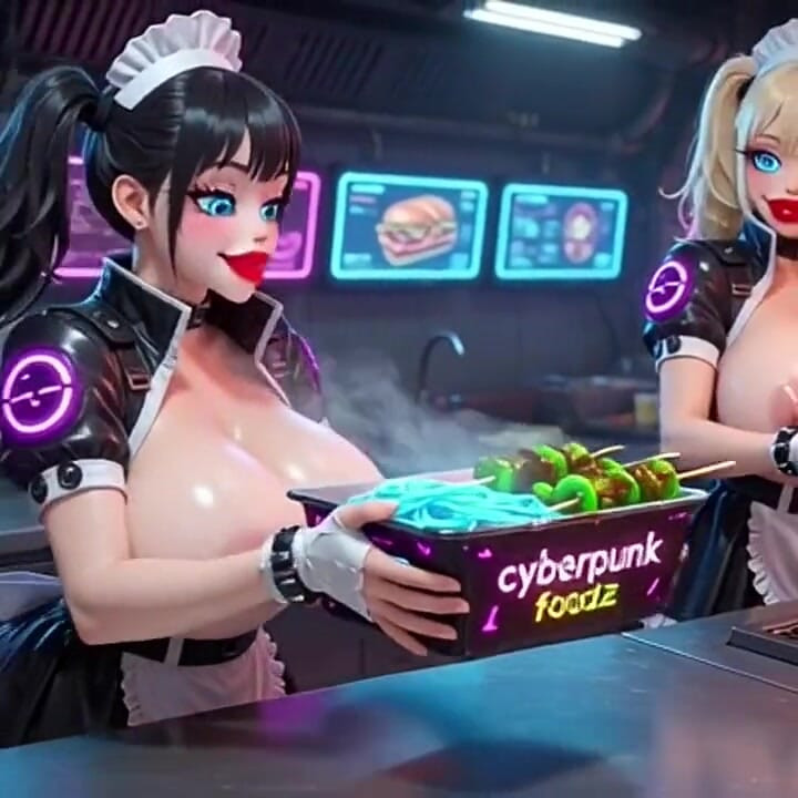 Two Cute Women Working at Cyberpunk Corner, Ai Animation