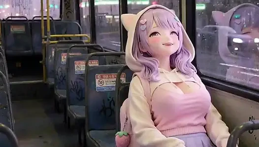 Shy kawaii hentai girl, alone on public bus