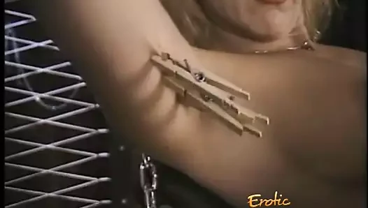 Seductive blonde rookie gets whipped by two horny latex-clad