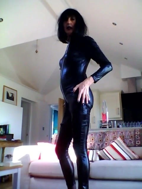 Playing with myself in black PVC cat suit.