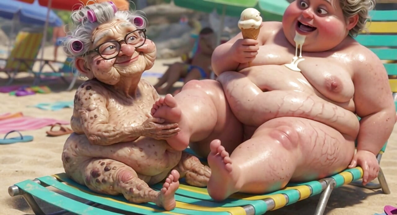 Elderly Granny Passionately Sucking BBW Feet on the Beach