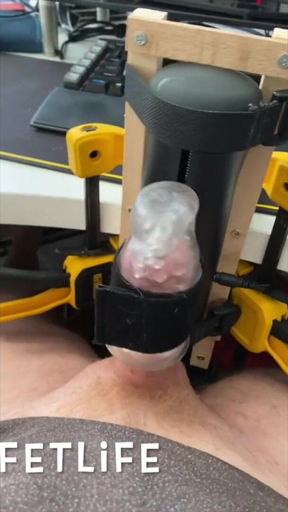 Powerful moment from "mFast cums with new handmade mount for The Handy."