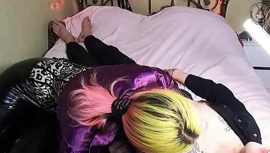 Sticky Kisses Red Lipstick All Over His Chest