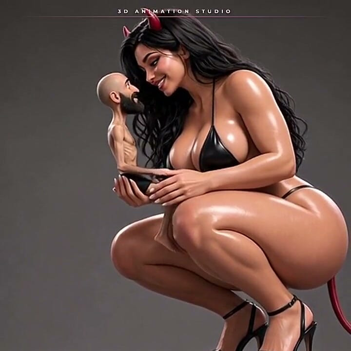 Giant She-devil Strips Topless for Her Tiny Bearded Man - He Kisses Her High Heel