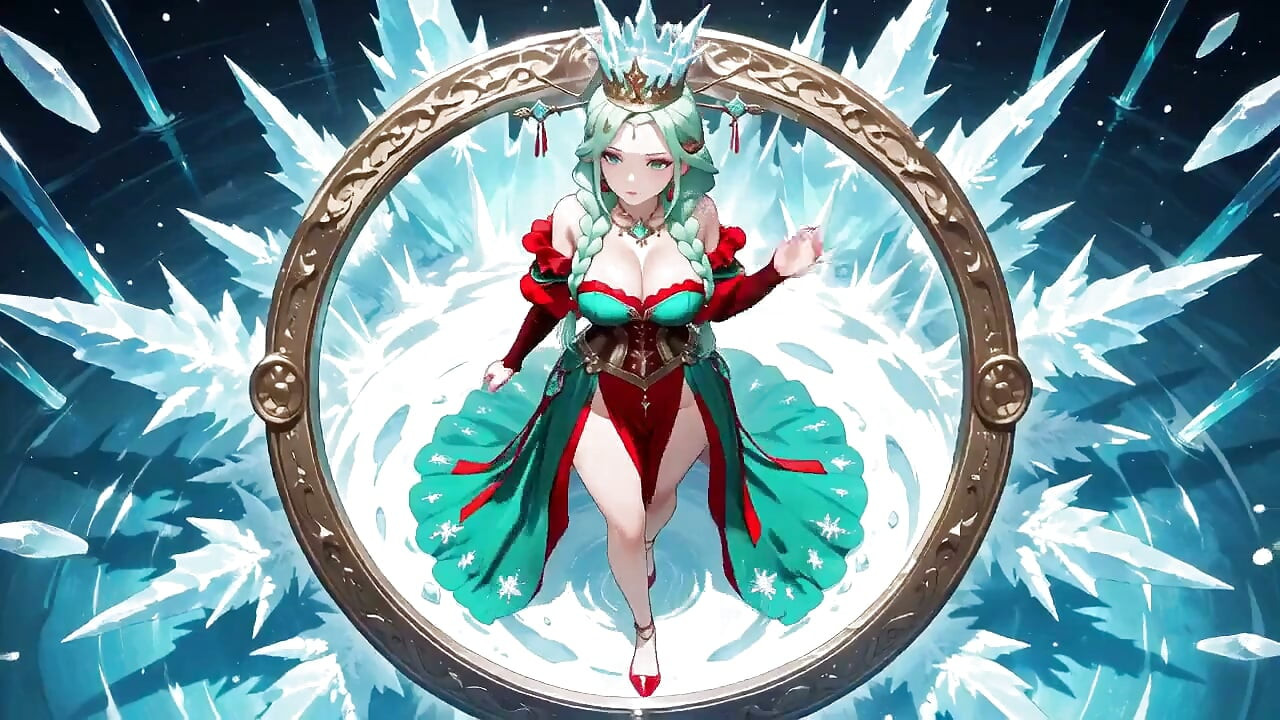 Une déesse aux cheveux verts en robe rouge s’agenouille dans le Crystal Hall, sorts magiques et regards sensuels !