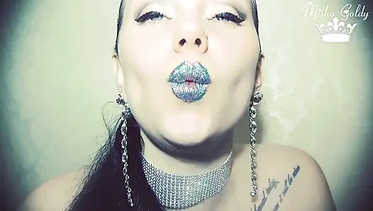 Blue glittery lips smelling & worship