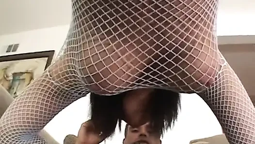 Lovely boobs brunette in white fishnet top gets cum after super fuck on sofa