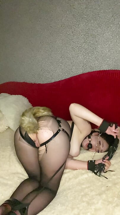 18yo Brunette Bound: Ripped Pantyhose, Leather Belts, Handcuffs, Gag & Tail Plug - Vibrates Doggy Till She Cums Hard