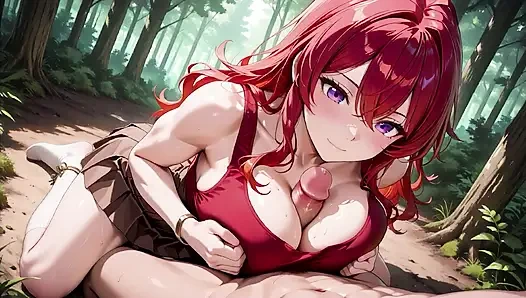 Огненная рыжая бомба, страстный трах в лесу - юбка и белые чулки, текущий