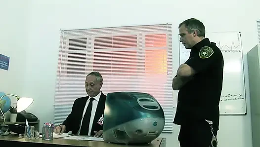 Big titted brunette gets fucked by two police officers