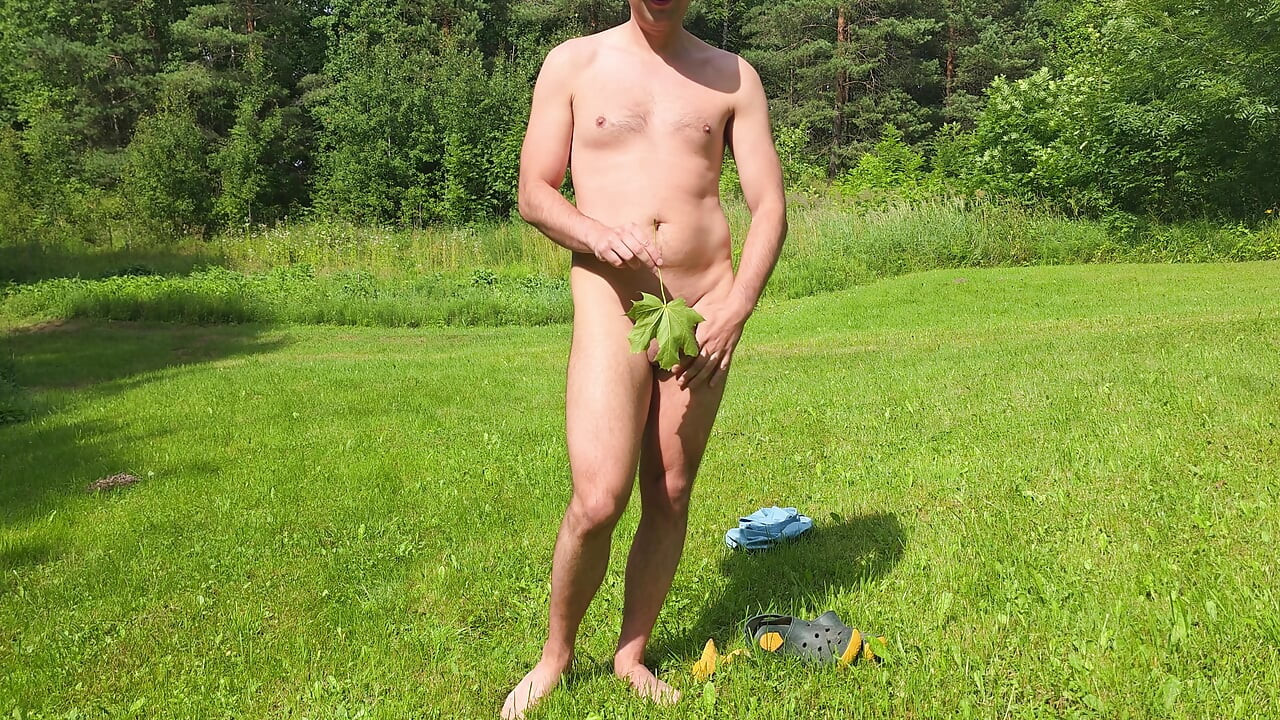 Cumming outdoors with a help of banana peel