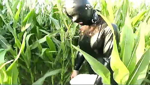 Fetisch-sklavin in latex geht und lutscht einen dildo auf dem gras
