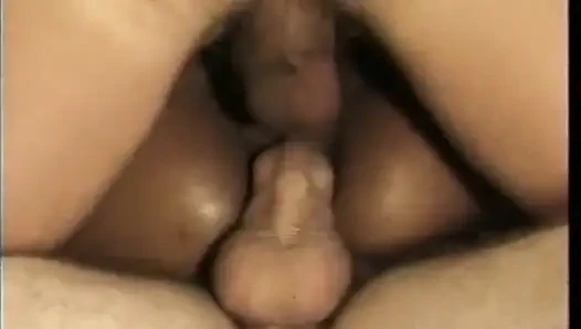 Well favored black girl with perfect body takes two cocks in all her holes