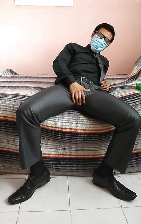 shiny satin suit tie bulge play jerk off