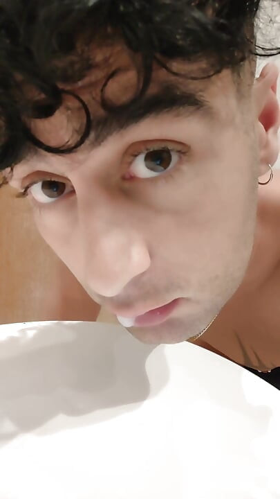 Spitting Guys Cum and Licking It Again in Hotel Bathroom - Cum Play