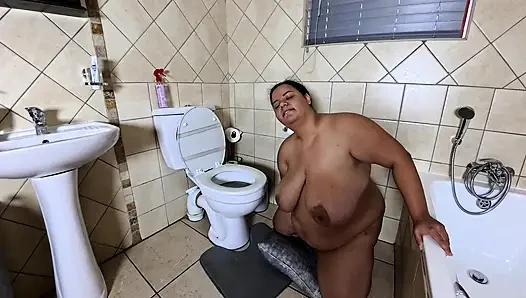 Playing with my fat pussy while licking the toilet